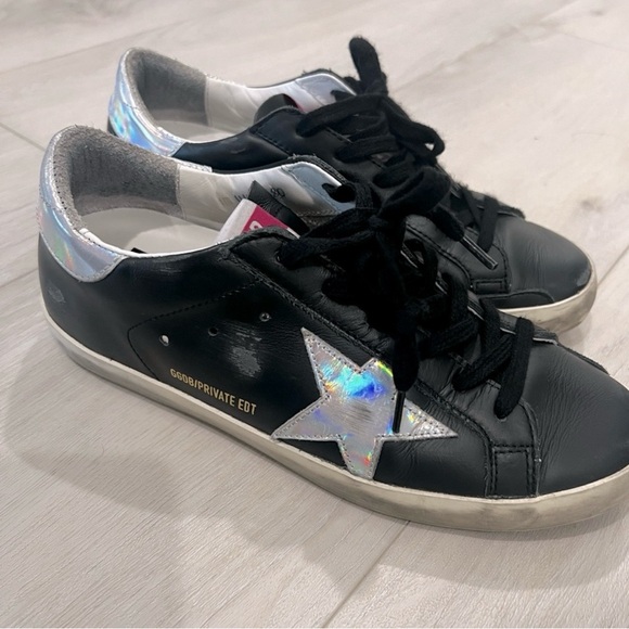 Golden Goose Shoes - Golden Goose Black Leather Low-Top Sneakers with Holographic Star